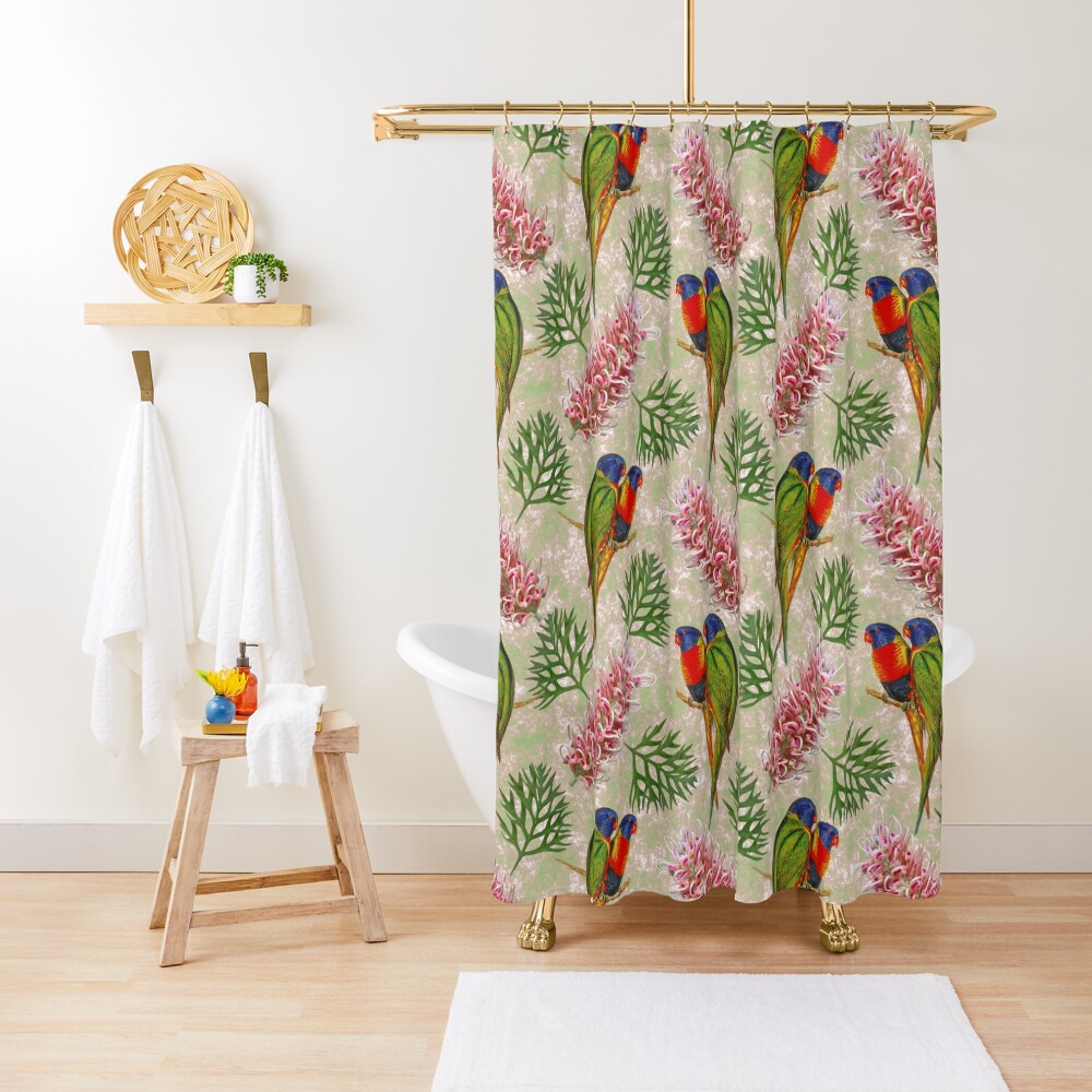 "Grevillea with Rainbow Lorikeet Bird Pattern Australian " Shower Curtain by karwilbedesigns