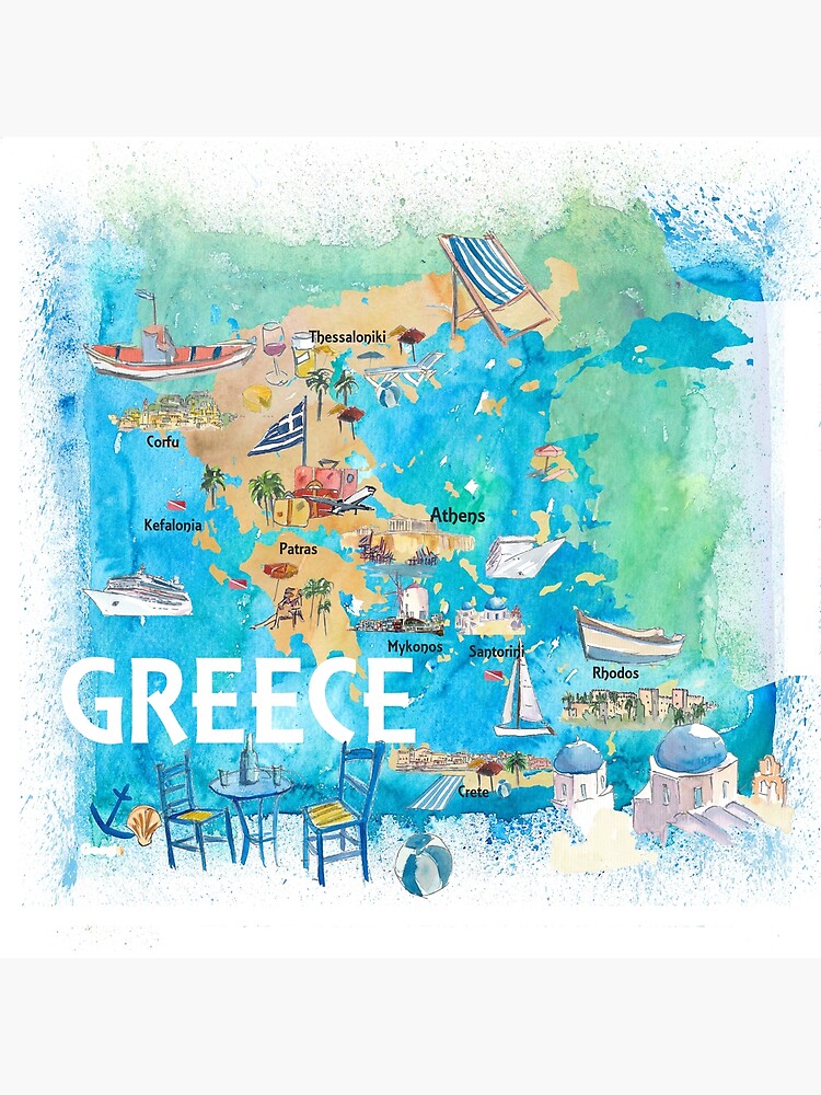 Thumbnail 2 of 2, Greeting Card, Greece Illustrated Travel Map with Landmarks and Highlights designed and sold by artshop77.