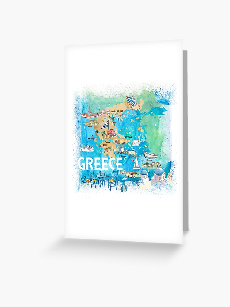 Thumbnail 1 of 2, Greeting Card, Greece Illustrated Travel Map with Landmarks and Highlights designed and sold by artshop77.