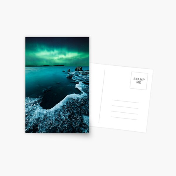 Ice on the lake shore and northern lights landscape Postcard