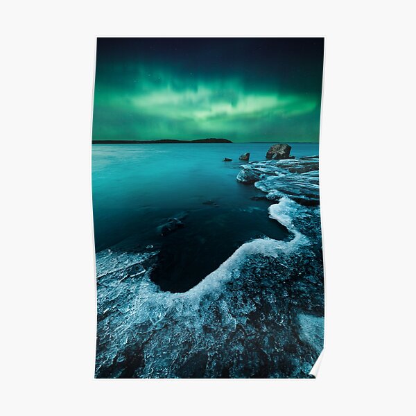 Ice on the lake shore and northern lights landscape Poster