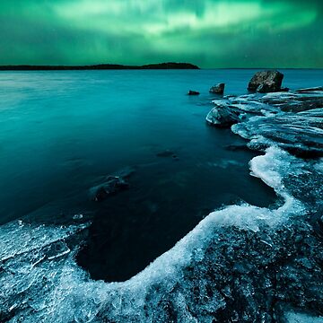 Artwork thumbnail, Ice on the lake shore and northern lights landscape by Juhku