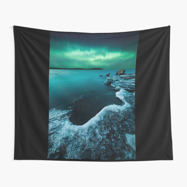 Ice on the lake shore and northern lights landscape Tapestry