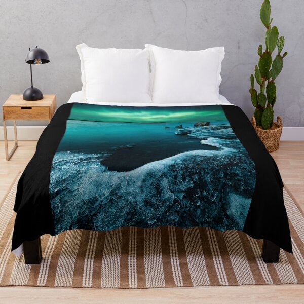 Ice on the lake shore and northern lights landscape Throw Blanket