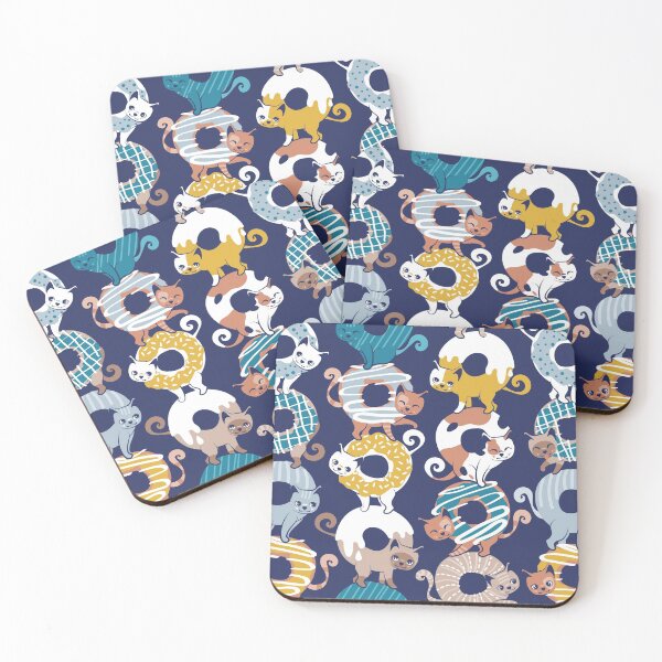 Item preview, Cats Donut Care // blue background goldenrod yellow mustard, teal pastel blue and brown sweet kitties designed and sold by SelmaCardoso.