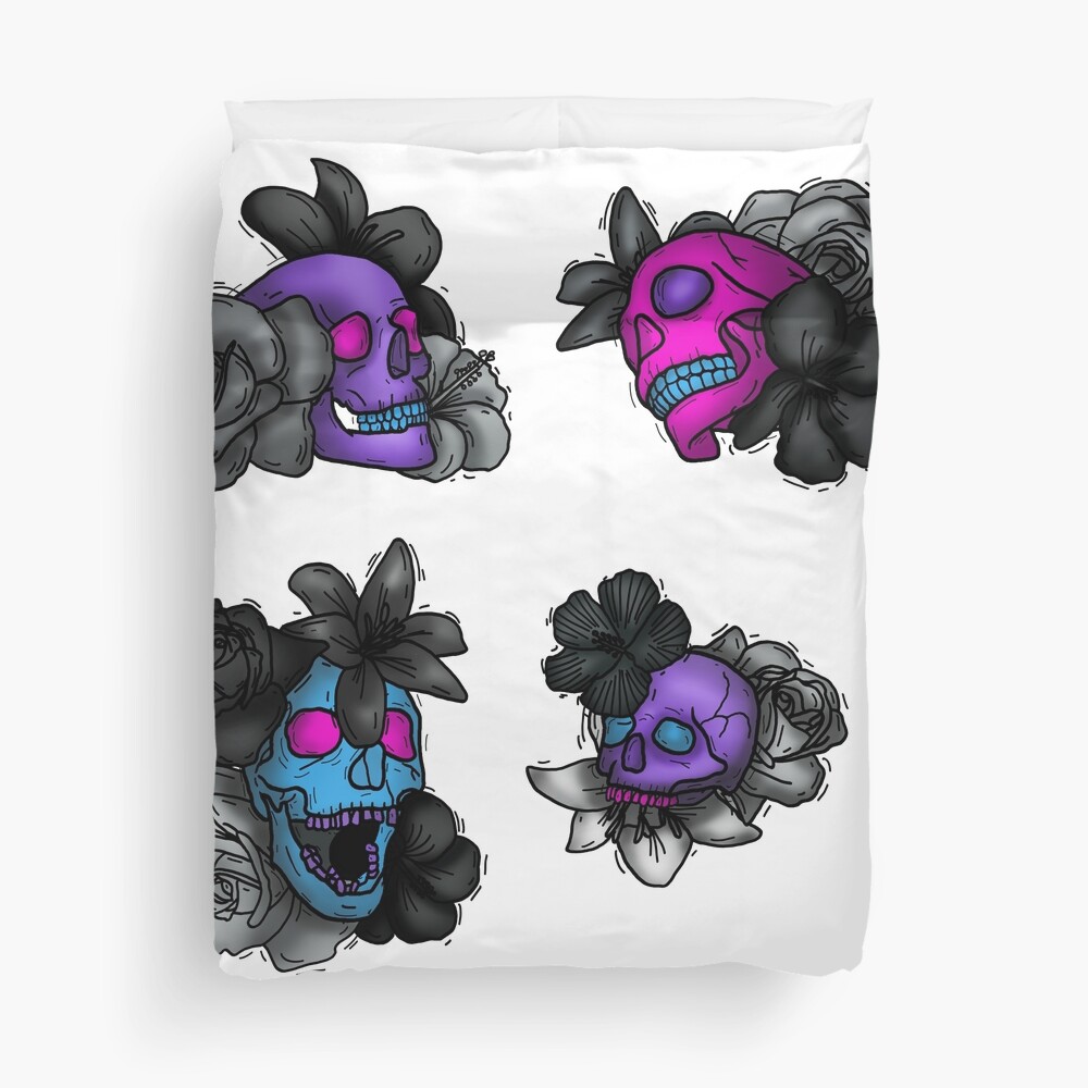Discover Colorful Skulls With Grey Flowers Duvet Cover