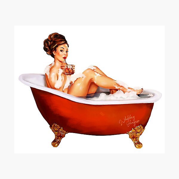 Bathtub Pinup Girl Enjoying A Drink Photographic Print