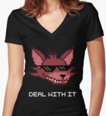 Five Nights at Freddy's - FNAF - Foxy - Deal With It (White Font) Women's Fitted V-Neck T-Shirt