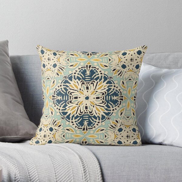 Protea Pattern in Deep Teal, Cream, Sage Green & Yellow Ochre Throw Pillow