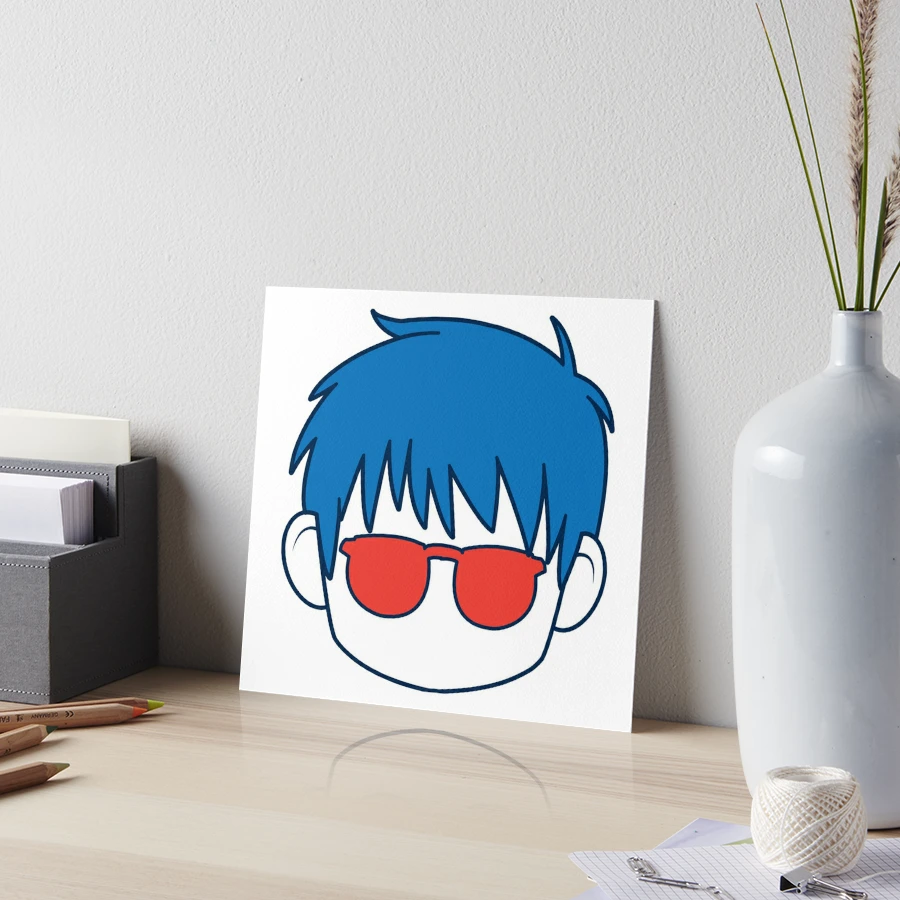 Awesome Anime boy with blue hair and glasses cartoon