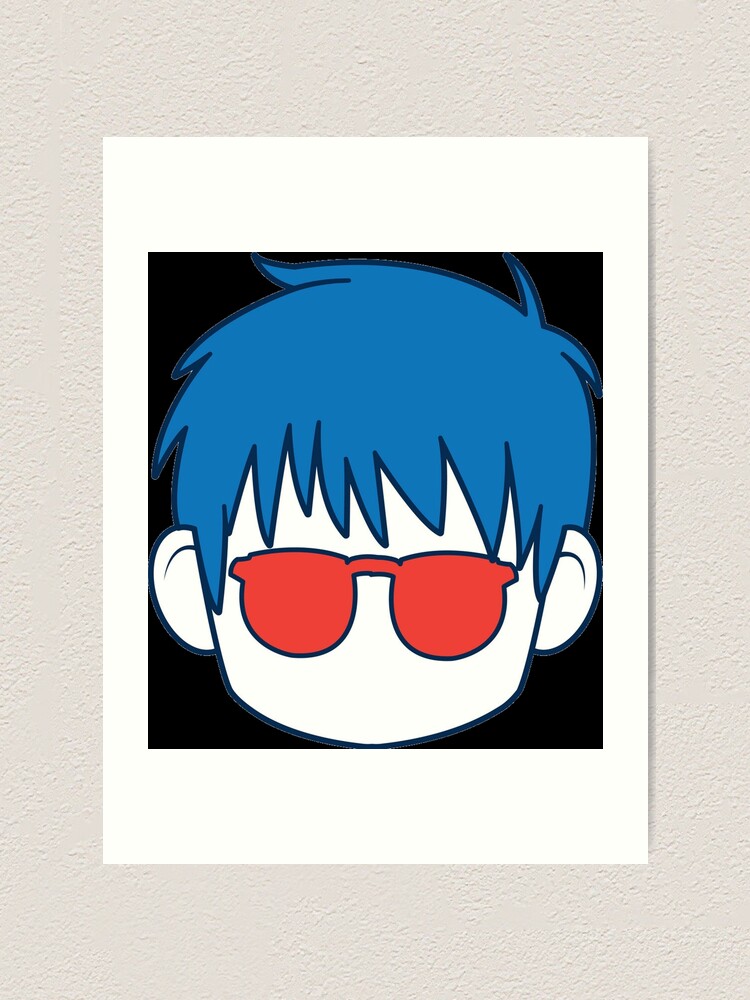 "Anime boy, blue hair and glasses cartoon" Art Print by elbakr Redbubble