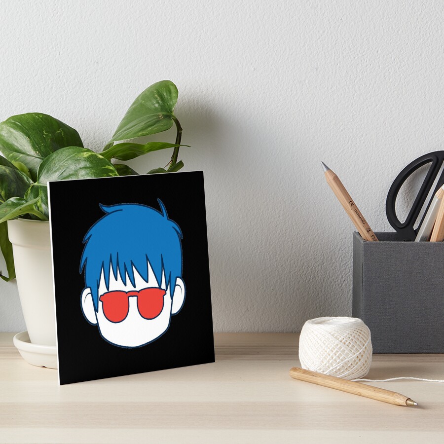 cute anime boy blue hair and glasses cartoon art board print by elbakr redbubble redbubble