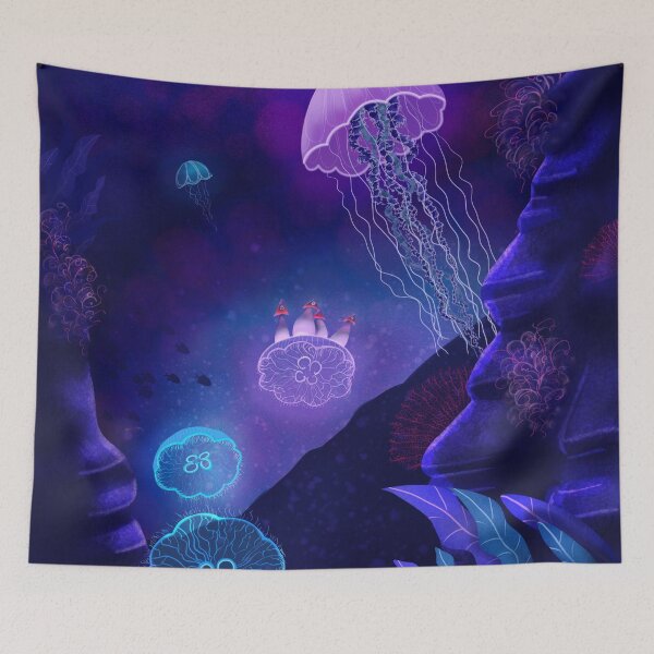 Item preview, Glowing jellyfish, underwater landscape, surreal digital art designed and sold by Sofia Dimitriadou.