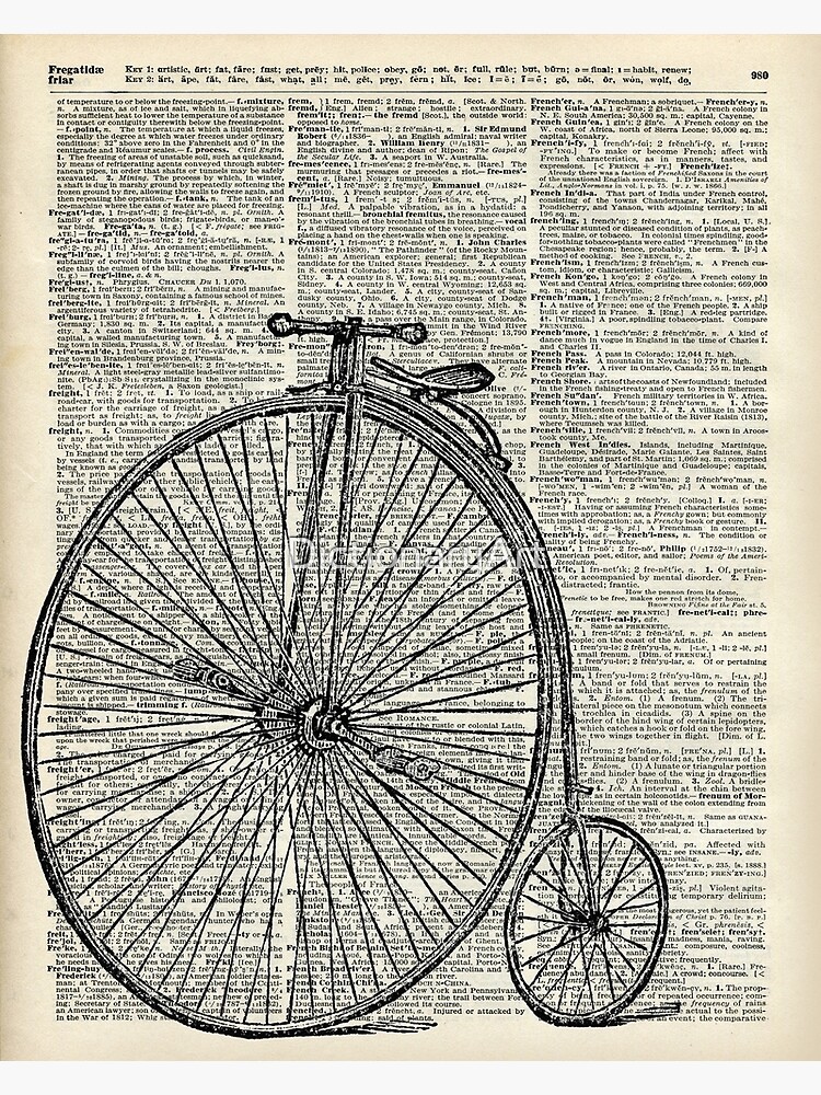 "Vintage Penny Farthing bicycle,monocycle dictionary art" Art Print by
