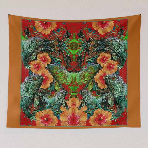 Item preview,  GREEN FLORIDA TROPICAL IGUANAS & ORANGE HIBISCUS SCALES ART designed and sold by sharlesart.