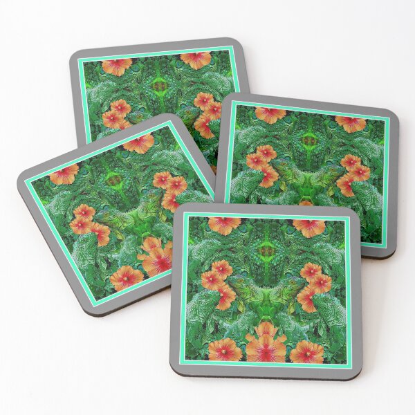 Item preview,  GREEN TROPICAL IGUANAS & ORANGE HIBISCUS GREY-AQUA ART designed and sold by sharlesart.