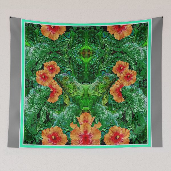 Item preview,  GREEN TROPICAL IGUANAS & ORANGE HIBISCUS GREY-AQUA ART designed and sold by sharlesart.
