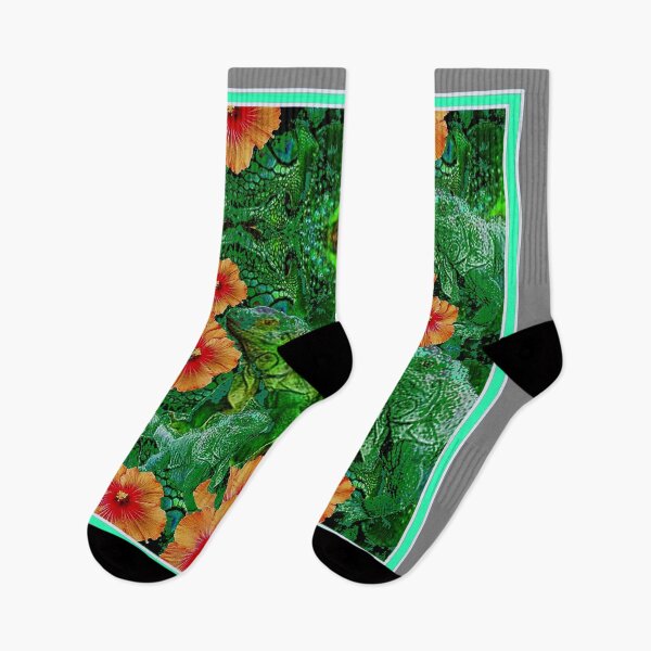 Item preview,  GREEN TROPICAL IGUANAS & ORANGE HIBISCUS GREY-AQUA ART designed and sold by sharlesart.