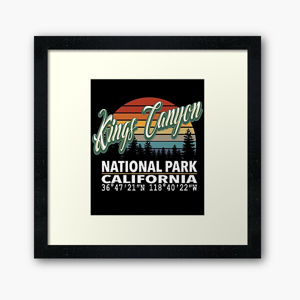 Vintage Classic Retro Color Kings Canyon National Park with GPS Location Design Framed Art Print