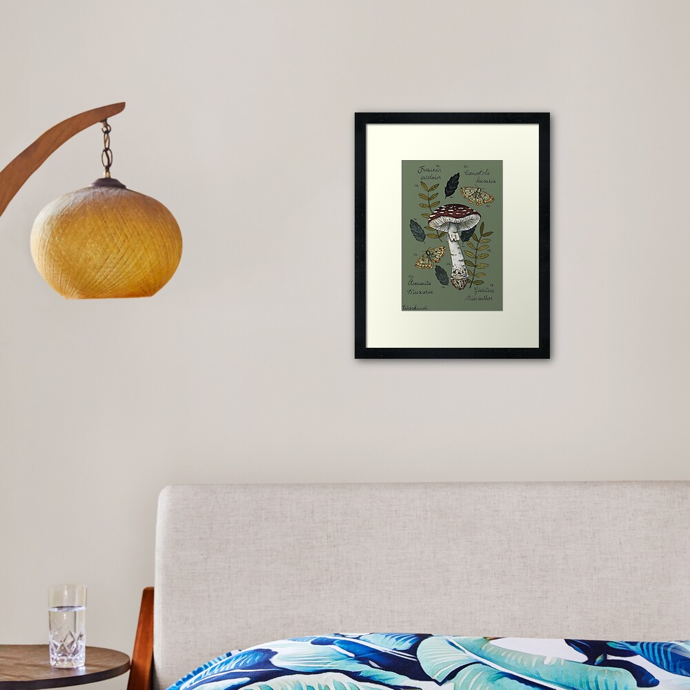 Amanita Muscaria with moths and leaves botanical illustration Framed Art Print