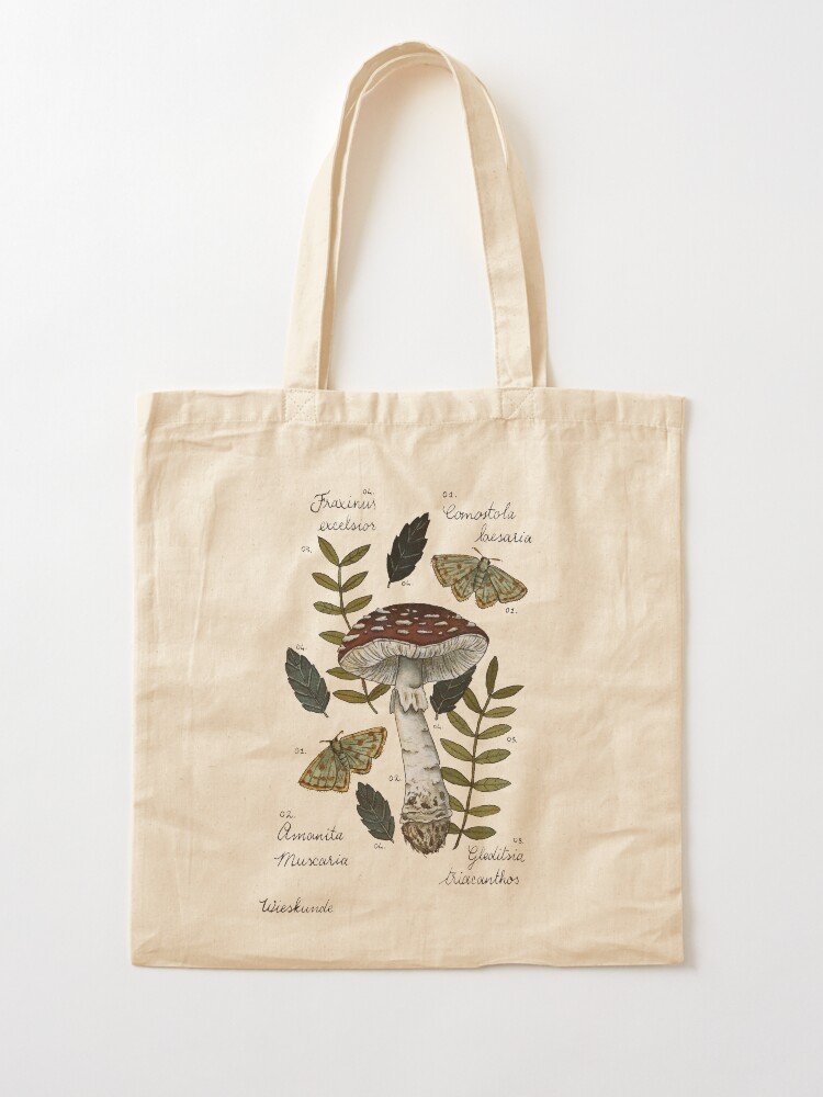 Alternate view of Amanita Muscaria with moths and leaves botanical illustration Tote Bag
