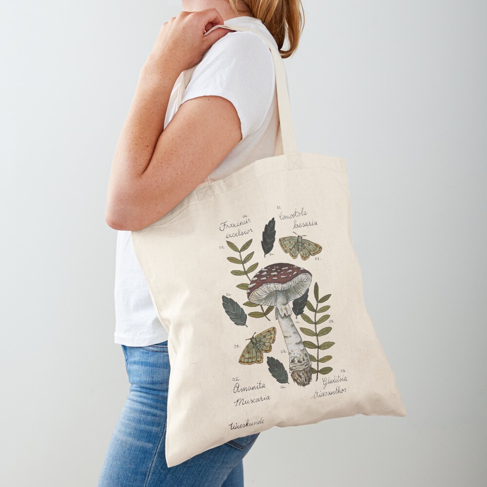 Amanita Muscaria with moths and leaves botanical illustration Tote Bag