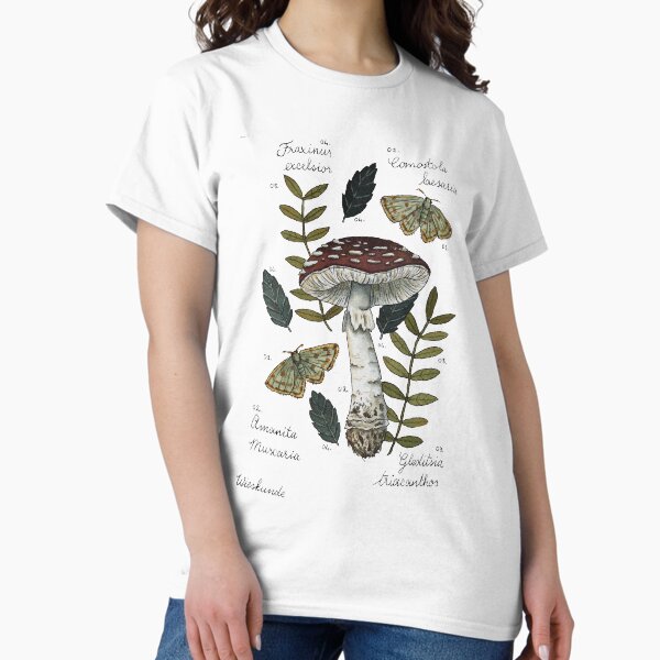 Item preview, Amanita Muscaria with moths and leaves botanical illustration designed and sold by Wieskunde.