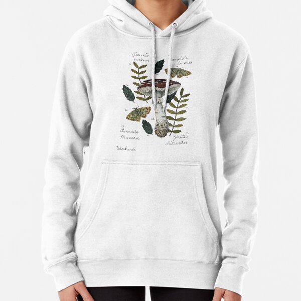 Amanita Muscaria with moths and leaves botanical illustration Pullover Hoodie
