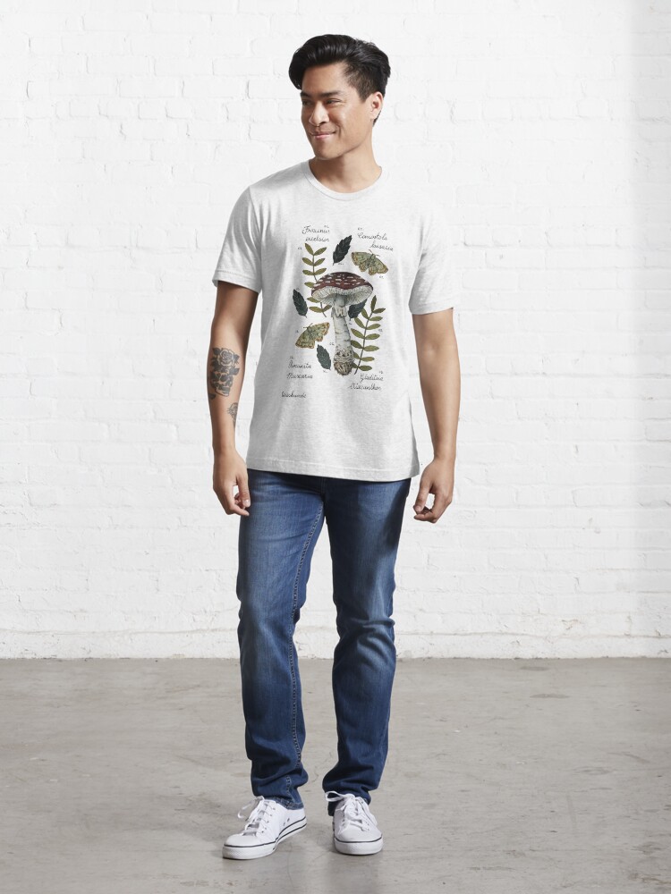 Discover Amanita Muscaria with moths and leaves botanical illustration | Essential T-Shirt 