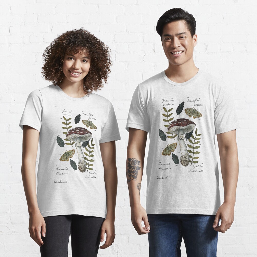 Disover Amanita Muscaria with moths and leaves botanical illustration | Essential T-Shirt 
