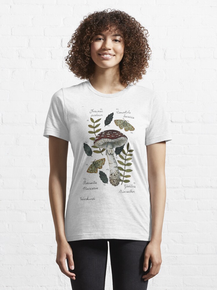 Discover Amanita Muscaria with moths and leaves botanical illustration | Essential T-Shirt 