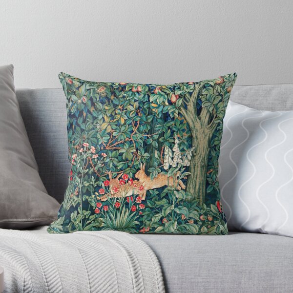 GREENERY, FOREST ANIMALS Hares Blue Green Red Floral Tapestry Throw Pillow