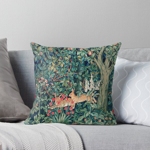 Aperçu de l'œuvre VERDURE, ANIMAUX FORESTIERS Lièvres Bleu Vert Rouge Tapisserie florale créée et vendue par BulganLumini.