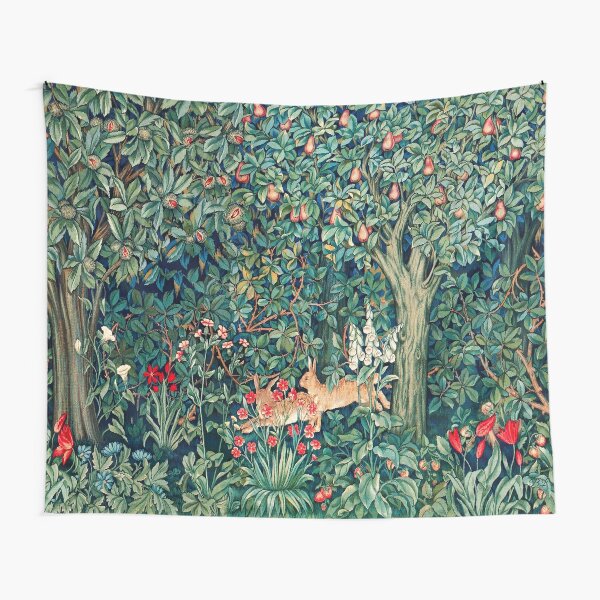 GREENERY, FOREST ANIMALS Fox and Hares Blue Green Floral Tapestry