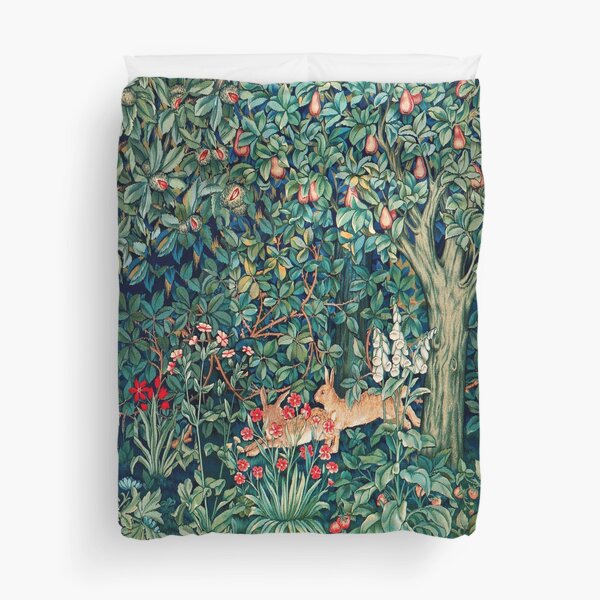 VERDURE, ANIMAUX FORESTIERS Lièvres Bleu Vert Rouge Tapisserie florale Housse de couette