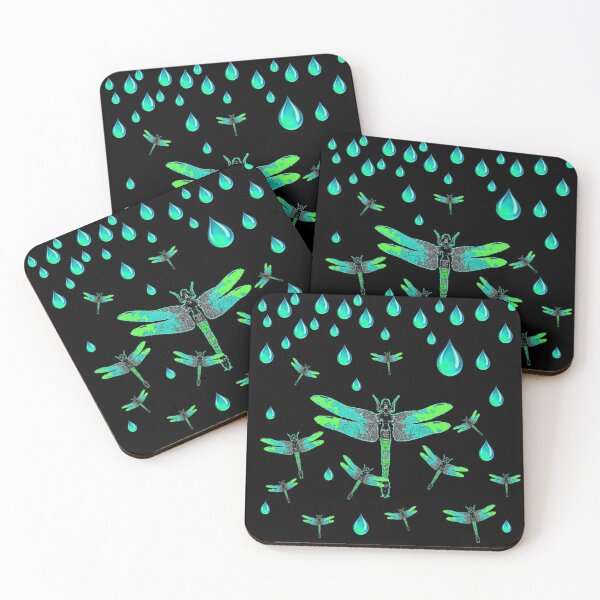 Item preview, AQUA DRAGONFLIES IN AQUA RAIN DROPS BLACK ART designed and sold by sharlesart.