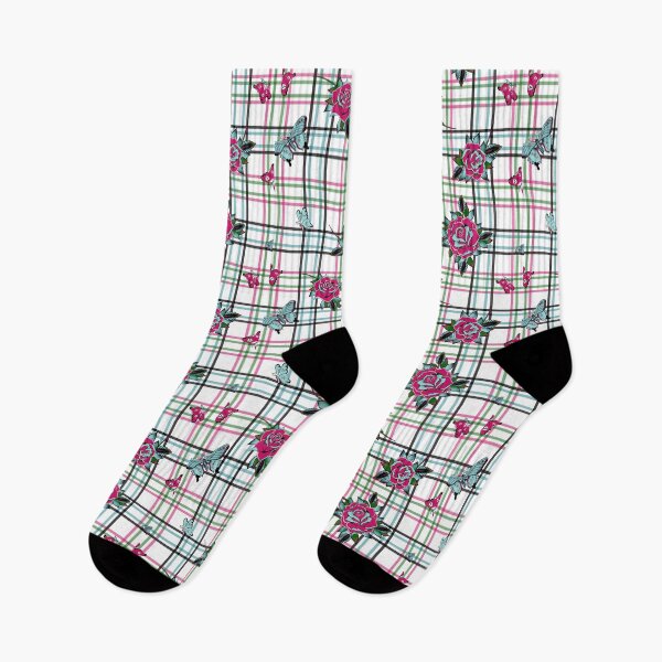 Item preview, Traditional Tattoo - Roses Skull Butterflies Plaid Pattern - Pink Blue designed and sold by WickedRefined - Nicole Demereckis.