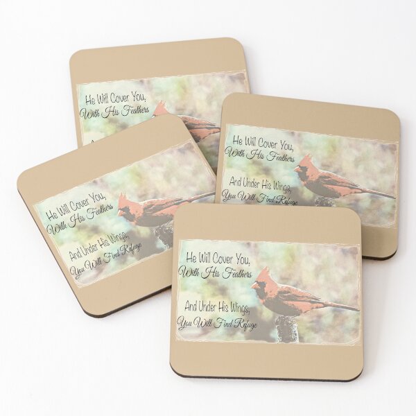 Item preview, He Will Cover You- image of cardinal/redbird, inspirational text designed and sold by KaloraDesigns.