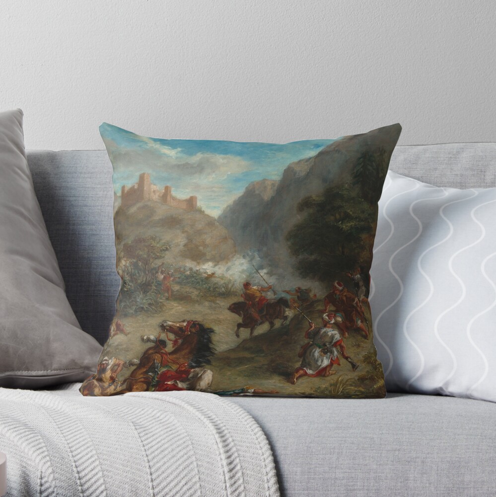 Arabs Skirmishing in the Mountains Oil Painting by Eugène Delacroix Throw Pillow