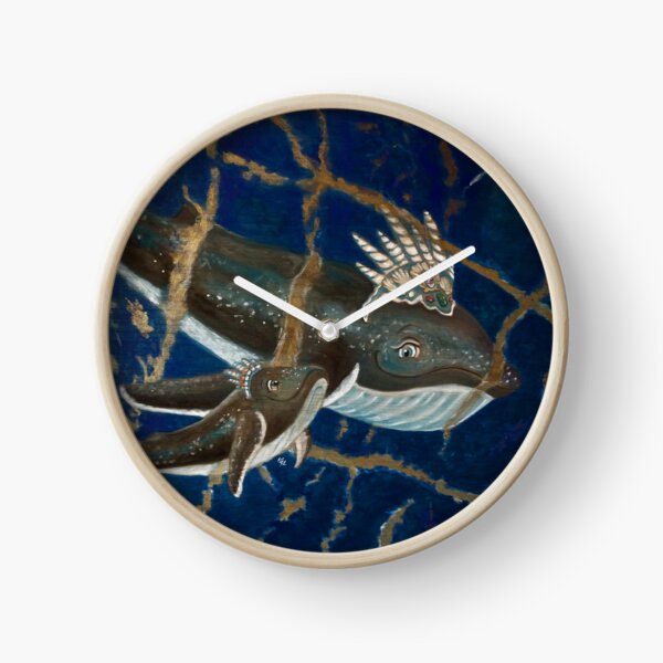 Mother Whale and her Baby in Lapis Lazuli Sea Clock