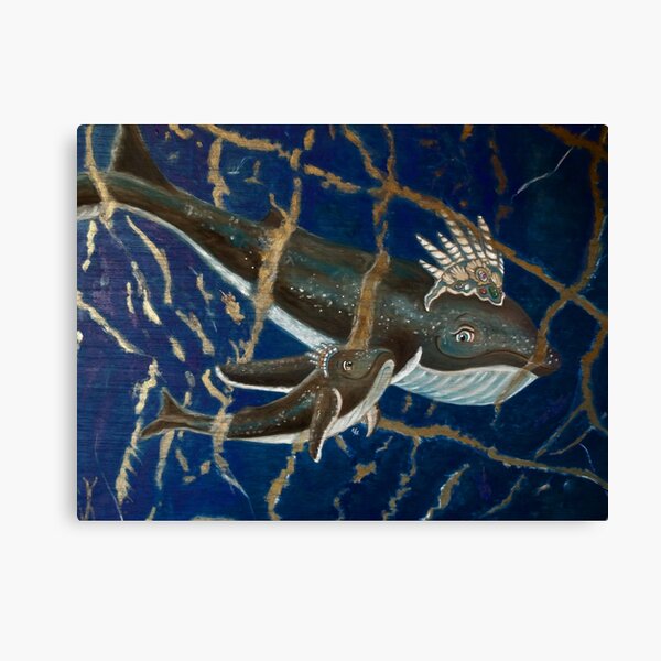 Mother Whale and her Baby in Lapis Lazuli Sea Canvas Print