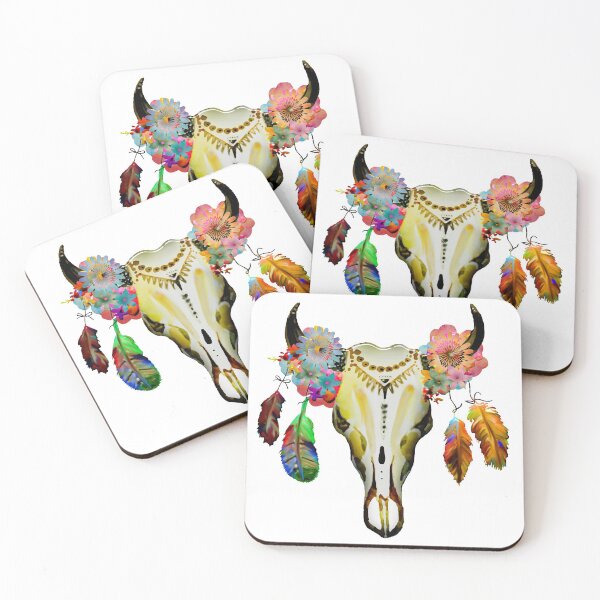 Item preview, Southwestern Feather and Flower Crown Bull Skull Drawing designed and sold by JMSD.