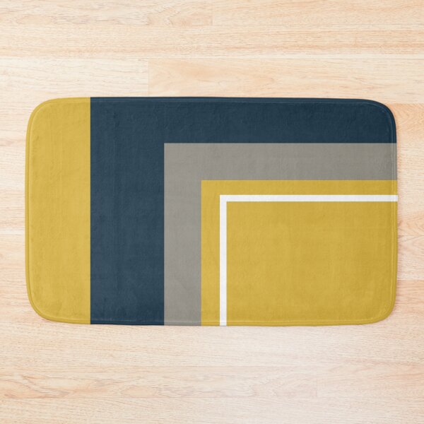 Aperçu de l'œuvre Motif géométrique minimaliste demi-cadre en jaune moutarde, bleu marine, gris et blanc créée et vendue par kierkegaard.