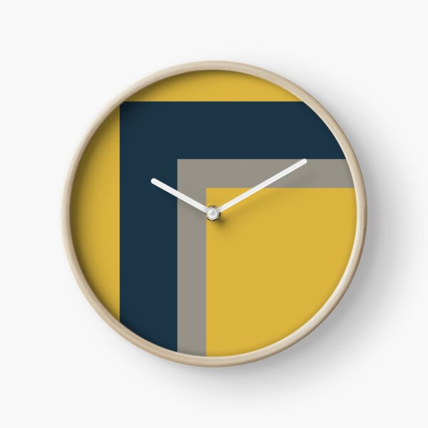 Half Frame Minimalist Geometric Pattern 2 in Mustard Yellow, Navy Blue, and Grey Clock