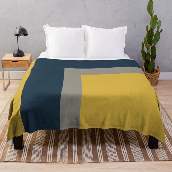 Half Frame Minimalist Geometric Pattern 2 in Mustard Yellow, Navy Blue, and Grey Throw Blanket