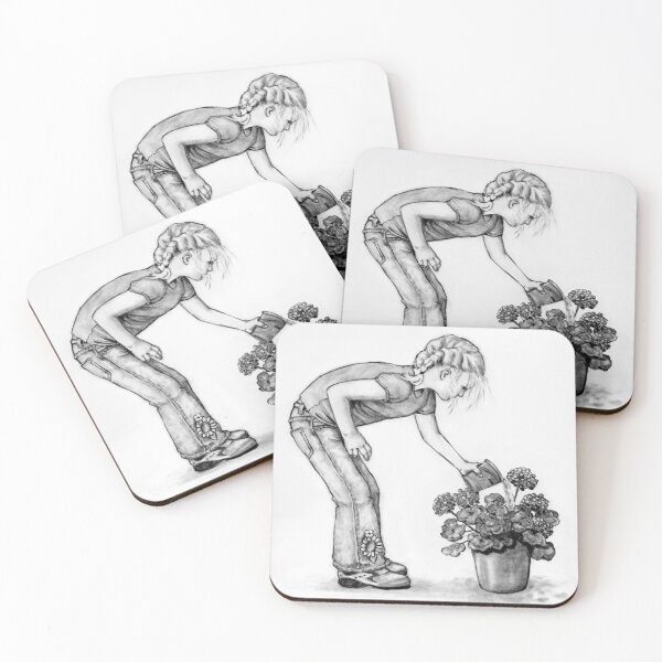 Item preview, Little Girl Watering Flowers, Geraniums, Pencil Drawing, Gardening designed and sold by JoyfulWhimsy.