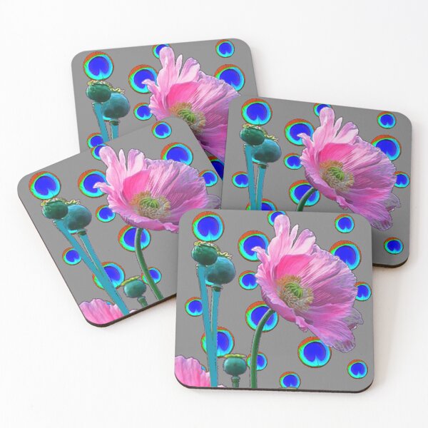 Item preview, PINK POPPY & BLUE PEACOCK FEATHER EYES GREY PATTERNS designed and sold by sharlesart.