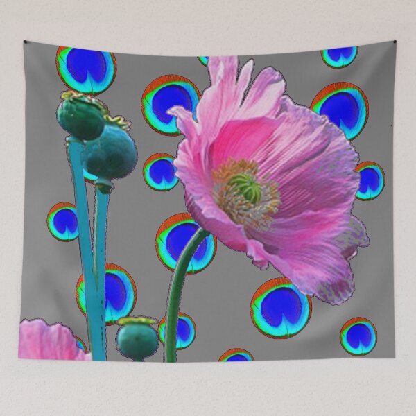Item preview, PINK POPPY & BLUE PEACOCK FEATHER EYES GREY PATTERNS designed and sold by sharlesart.