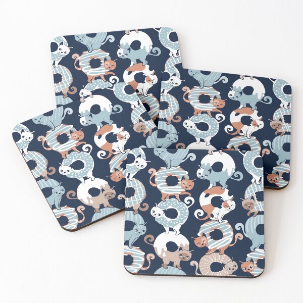 Item preview, Cats Donut Care // navy blue background pastel blue and brown sweet kitties designed and sold by SelmaCardoso.
