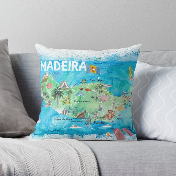 Madeira Portugal Island Illustrated Map with Landmarks and Highlights Throw Pillow